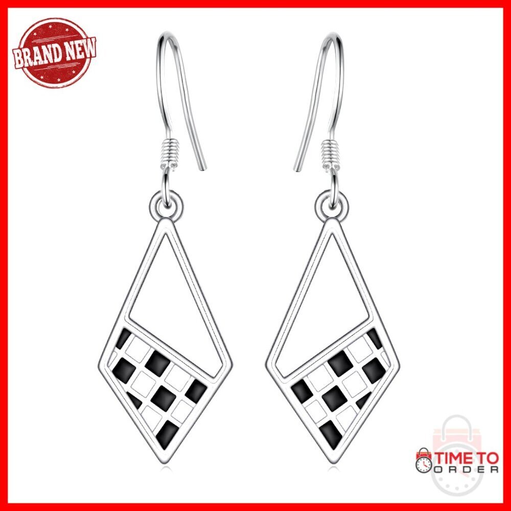 925 Sterling Silver Geometric Dangle Earrings, Checkered Pattern, 11mm Drop